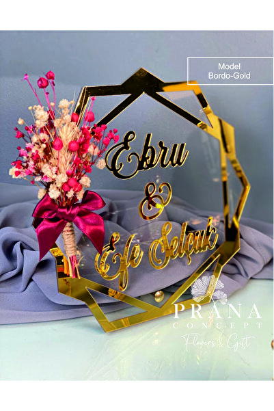 shop Pleksi Söz Nişan İsim Dekoru Gold Renk ve Çiçek Süslemeli 20*20Cm Prizma...