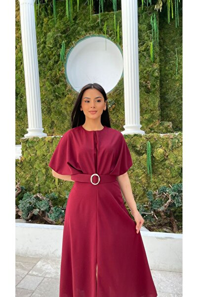 Nida Boutique Bat Sleeve Front Slit Belted Crepe Dress