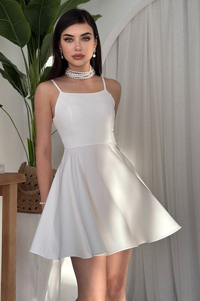 barış sülün lovebox Women's White Strap Flared Back Tie Mini Homecoming Dress 362