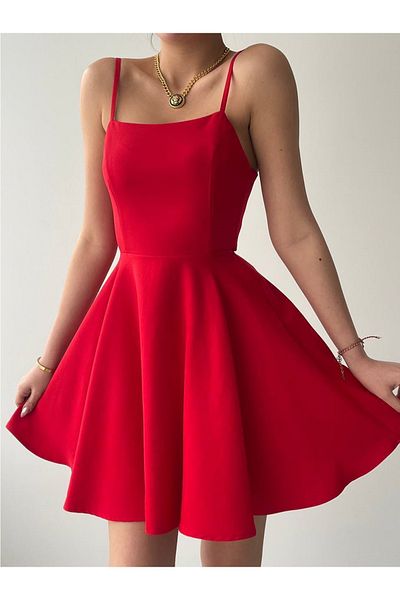 bayansepeti Women's Adjustable Strap Back Tie Design Flared Red Mini Dress 362