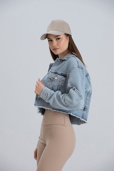Alos Jachetă de blugi Crop pentru femei, albastră, cu buzunar cu ciucuri, cu buzunar dublu