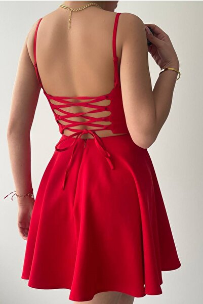 bayansepeti Women's Adjustable Strap Back Tie Design Flared Red Mini Dress 362