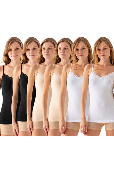OLİZZA Women's Lace Detailed Slim Body Hugging Strap Undershirt 6 Pack – Black, Tan, White (2 Pieces of Each Color)