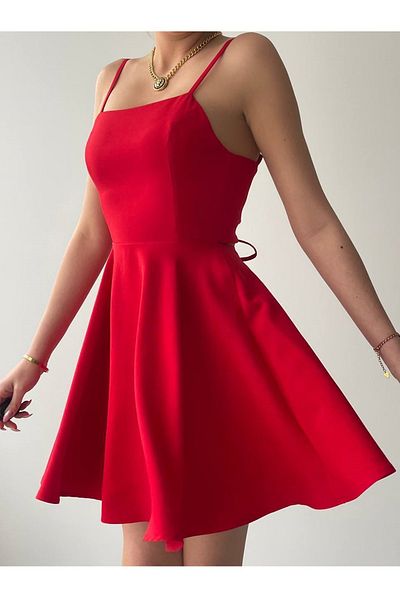 bayansepeti Women's Adjustable Strap Back Tie Design Flared Red Mini Dress 362