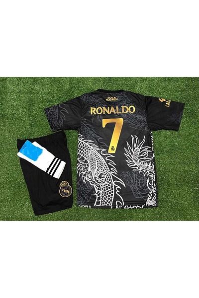DAYIBALI DÜKKAN Dayibali Rm 2023/24 Dragon Pattern Ronaldo Black Short Sleeve Kids Jersey Set of 3 (Black)