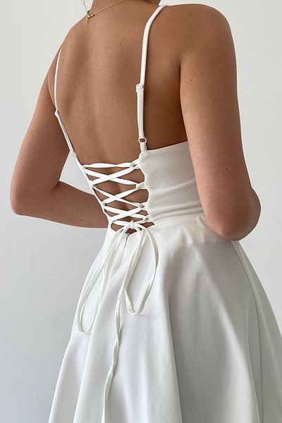 bayansepeti Women's Adjustable Strap Back Tie Design Flared White Mini Dress 362