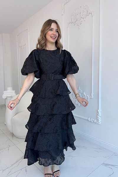 HELİS BUTİK Black Layered Balloon Sleeve Belted Dress