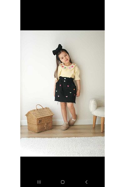 MY TRAY Black Denim Skirt Heart Pattern Bottom Top Set