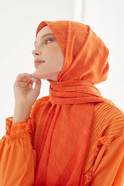MENESSA Silky Jacquard Shawl Houndstooth Pattern Orange