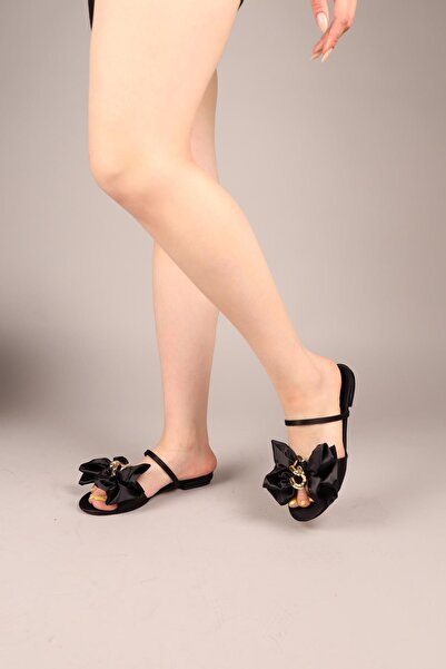 Birikon Hush Bow Satin Slippers Black