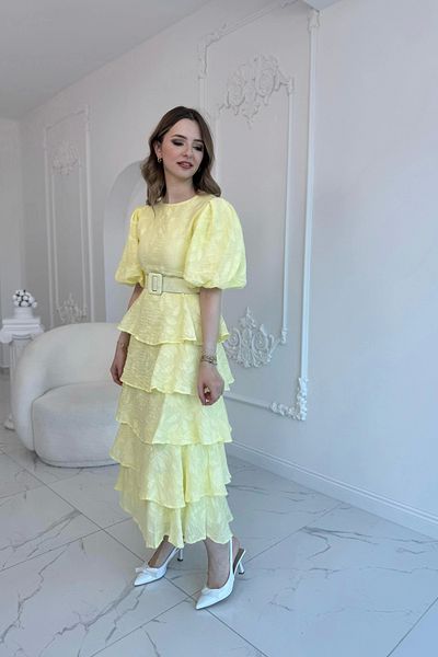 HELİS BUTİK Yellow Layered Balloon Sleeve Belted Dress