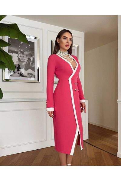 1Moda1Tarz Γυναικείο φόρεμα με ειδικό σχέδιο με εισαγόμενο υφασμάτινο κολιέ με λεπτομέρεια με κουμπιά