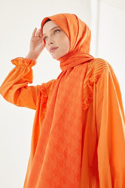 MENESSA Silky Jacquard Shawl Houndstooth Pattern Orange