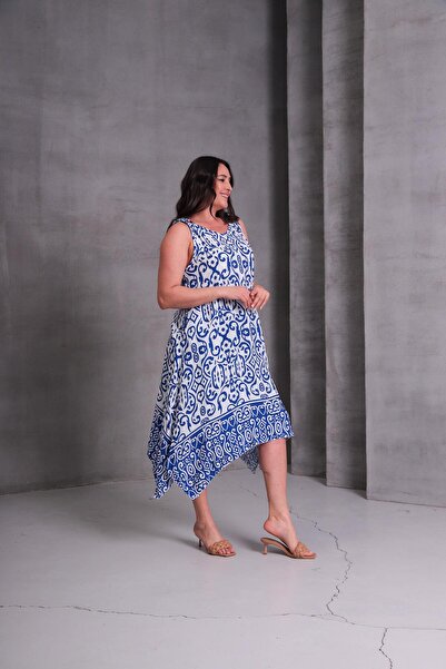 Ebsumu Γυναικείο Μπλε Φόρεμα με Γεωμετρικό Σχέδιο Plus Size