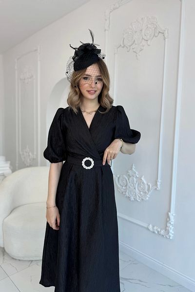 HELİS BUTİK Black Sparkling Belted Double Breasted Dress