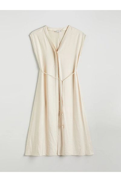 LC Waikiki Lcwaikiki Classic Beige V-Neck Textured Dress