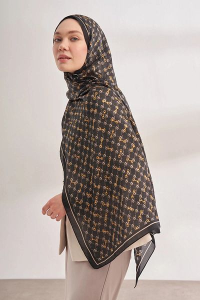 ARMANDA Imported Voile Monogram Pattern Shawl - Black Cream