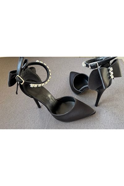 Felisya Butik Shiny Stone and Bow Detailed Satin Heeled Evening Dress Shoes 10Cm-Felisyabutik