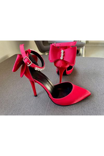 Felisya Butik Shiny Stone and Bow Detailed Satin Heeled Evening Dress Shoes 10Cm-Felisyabutik