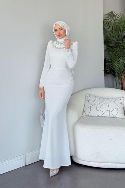 Şulemoda Giyim Βραδινό φόρεμα Bloom με μανίκια και λαιμόκοψη λευκό