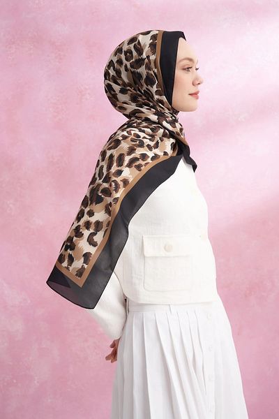 ARMANDA Leopard Voile Multi Pattern Shawl - Black Camel