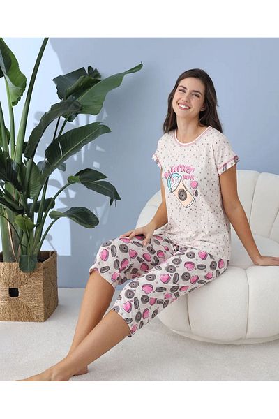 Meri Women's Beige Patterned Short Sleeve Capri Lycra Combed Cotton Pajama Set