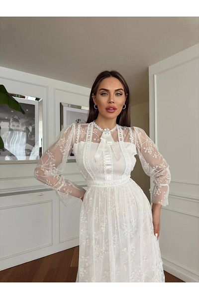 1Moda1Tarz Γυναικείο Εισαγόμενο Φόρεμα Ειδικού Σχεδιασμού με Λαιμόκοψη από ύφασμα από τούλι με λεπτομέρεια με επένδυση
