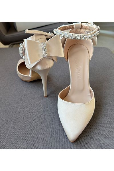 Felisya Butik Shiny Stone and Bow Detailed Satin Heeled Evening Dress Shoes 10Cm-Felisyabutik