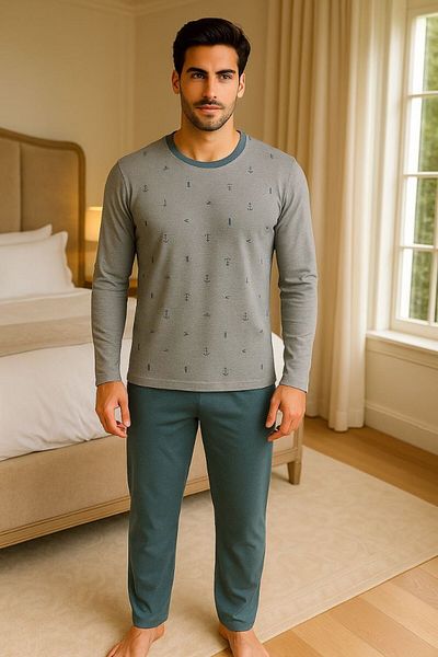Masal Dünyası Bursa Anchor Patterned Thin Fabric Long Sleeve Men's Pajama Set (2 Color Options Available)