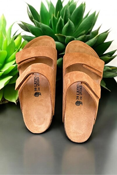 Land of Cork Unisex Hakiki Süet Deri, Doğal Mantar Taban, Ark Destekli, Cırtlı Ayarlanabilir Terlik