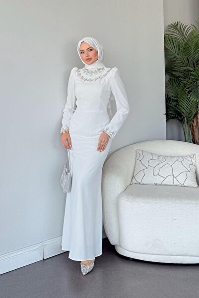 Şulemoda Giyim Βραδινό φόρεμα Bloom με μανίκια και λαιμόκοψη λευκό