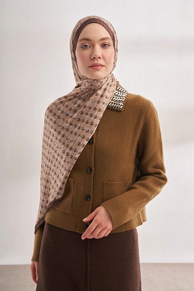 ARMANDA Imported Voile Monogram Pattern Shawl - Beige Brown