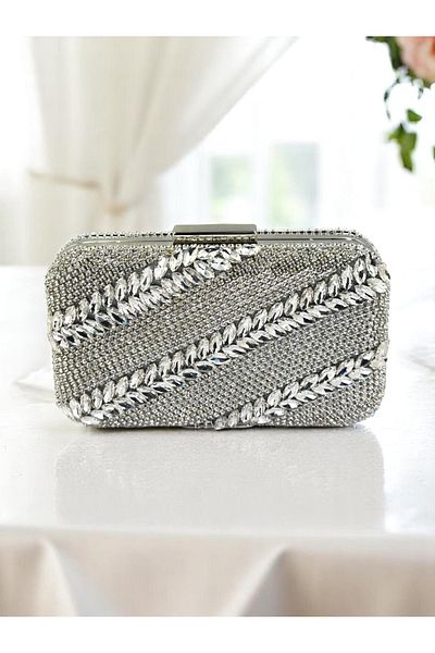 Biçanta Handmade Craftsmanship Complete Crystal Stone Silver Gray Lame Color Women's Evening Dress Bag