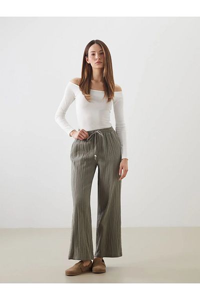 LC Waikiki Lcwaikiki Classic Green Elastic Waist Textured Women's Trousers