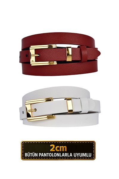 GoDeri 100% Γνήσιο Δέρμα Σετ 2 Χρυσό Χρώμα Σετ Πόρπη 2cm Γυναικεία Ζώνη Κόκκινο, Λευκό _ nOR.dÜZ_gOLD