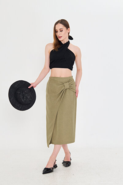 AS Anita Store Khaki Raw Linen Bow Ribbon Detailed Wrap Skirt Does Not Show Underwear