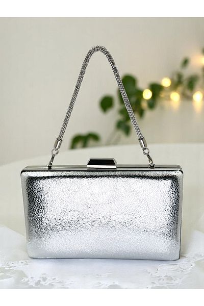 Biçanta New Model Silver Color Shiny Patterned Chain Strap Handle Women's Evening Dress Bag Wedding Engagement Graduation