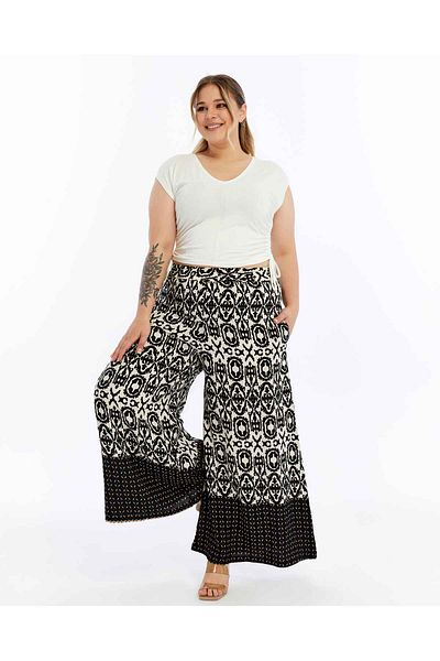 THE CABIN Patterned Design Wide Leg Elastic Waist Trousers – Large Size Compatible (42-54)