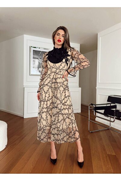 1Moda1Tarz Γυναικείο εισαγόμενο κρεπ ύφασμα δαντέλα Αξεσουάρ Λεπτομερές γιακά Φιόγκο Μανίκια Φόρεμα με επένδυση από τούλι Προσαρμοσμένο σχέδιο