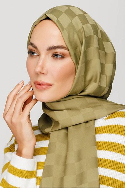 MENESSA Silky Jacquard Shawl Checkerboard Pattern Khaki Green