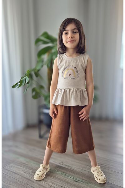 My Baby's World Rainbow Brown Muslin Pants Girl's 100% Cotton Summer Suit Mtyk0060
