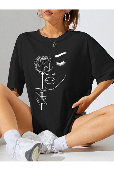 Velostra Femeie trandafir și siluetă cu imprimeu bumbac moale supradimensiona...