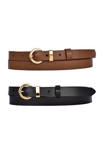 GoDeri 100% Genuine Leather Set of 2 Gold Color Set Buckle 2cm Women's Belt Brown, Black_ Lock_Gold