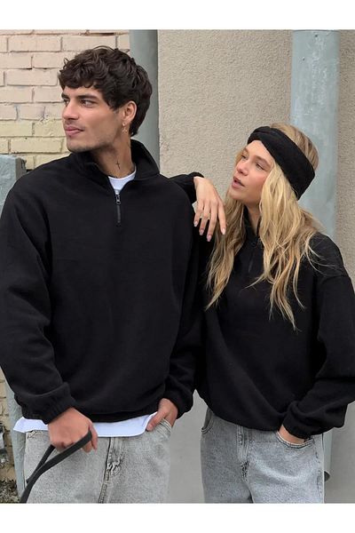 Boi Unisex Relaxed Fit με μισό φερμουάρ γιακά φούτερ μαύρο 2052