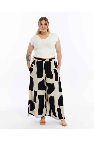 THE CABIN Patterned Design Wide Leg Elastic Waist Trousers – Large Size Compatible (42-54)