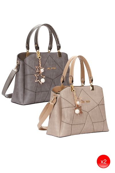 Adelina Bags Γυναικεία τσάντα χειρός και ώμου με λεπτομέρεια γούρι με γκρι πεταλούδα και βιζόν 2 τεμάχια