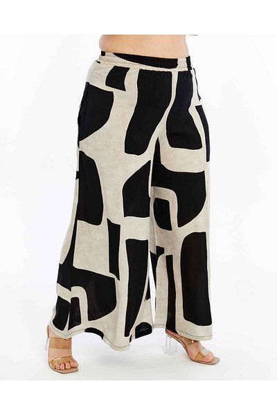 THE CABIN Patterned Design Wide Leg Elastic Waist Trousers – Large Size Compatible (42-54)