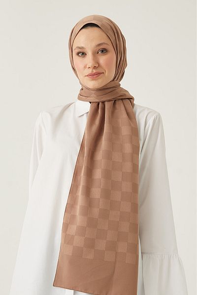 MENESSA Silky Jacquard Shawl Checkerboard Pattern Brown