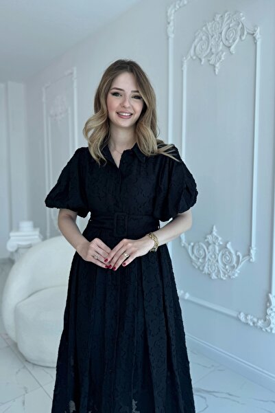 HELİS BUTİK Kemerli Balon Kol Jakarlı Siyah Elbise