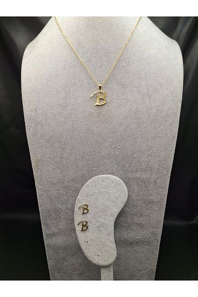 Han Ticarethane Gold Color Steel Letter B Necklace and Earring Set
